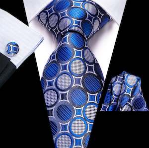 New Royal Blue White Circle Tie Pocket Square Cufflinks Set- N-3451