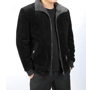 Black Men's Fleece Lining Corduroy Winter Fleece Warm Coat