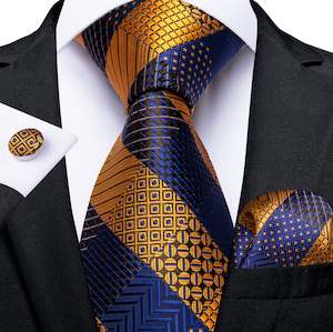 Best Selling Collection: Orange Blue Plaid Tie Pocket Square Cufflinks Set- N-7329