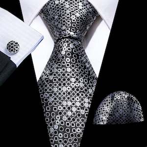 Best Selling Collection: Black White Round Floral Silk Tie Handkerchief Cufflinks Set-N-6103
