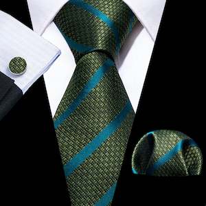 Green Blue Striped Silk Tie Handkerchief Cufflinks Set- N-5845