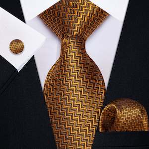 ORANGE  BLACK NOVELTY TIE POCKET SQUARE CUFFLINKS SET-N-9543
