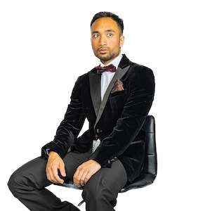 Simon Von Men's Suit Classic Black Solid Silk Peak Collar Blazer Suit-XX-0059