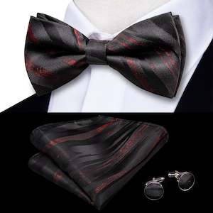 RED BLACK PAISLEY SELF-BOWTIE POCKET SQUARE CUFFLINKS SET-LH-0565
