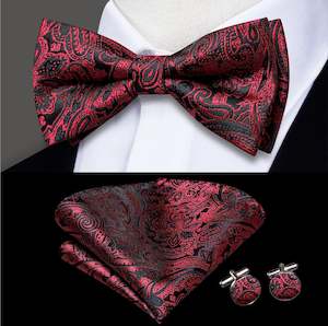 Red Black Paisley Silk Bow Tie Hanky Cufflinks Set-LH-0574