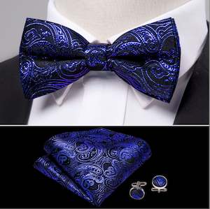 Shining Royal Blue Black Paisley  Pre-Tied Bowtie Pocket Square Cufflinks Set- LH-0908