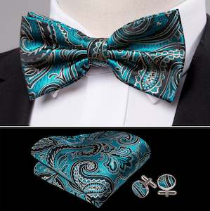 Blue Grey Paisley Bowtie Pocket Square Cufflinks Set- LH-0916