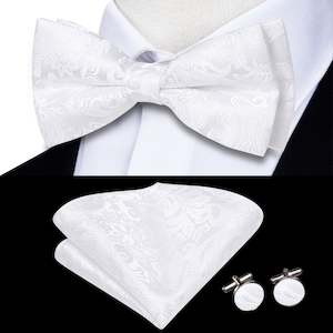 White Paisley Silk Bowtie Pocket Square Cufflinks Set- LH-0581