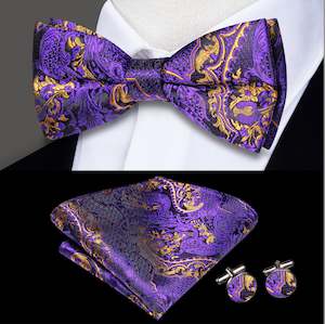 Purple Gold Silk Bowtie Pocket Square Cufflinks Set- LH-0584