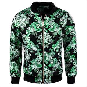 Mens Green White Floral Jacquard Paisley Lightweight Zip Jacket Casual-JK-0005