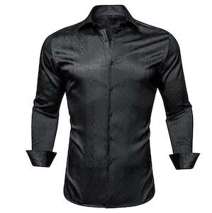 Formal Black Tie Events: Black Solid Silk Men's Long Sleeve Dress Shirt- CY-0545