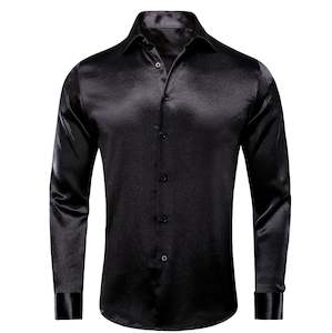 Formal Black Tie Events: Black Solid Satin Men's Long Sleeve Dress Shirt- CY-1503
