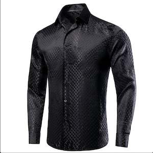 Formal Black Tie Events: Black Plaid Silk Men's Long Sleeve Shirt- CY-1650