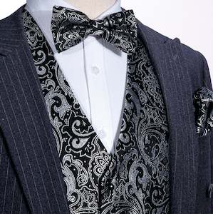 Formal Black Tie Events: Black White Paisley Silk Vest Necktie Pocket Square Cufflinks Set-MJ-2516