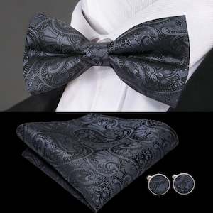 Black Paisley Silk Bow Tie Pocket Square Cufflinks Set-LH-0718