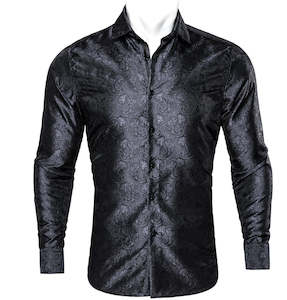 Formal Black Tie Events: Black Paisley Silk Men's Shirt-CY-0054