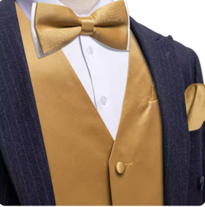 Mens Gold Suit Vest Solid V-neck Vest Bowtie Pocket Square Cufflinks Set- BW-MJ-0043