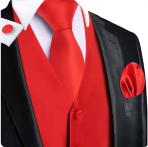 Mens Vests Waistcoats: Red Solid Silk Waistcoat vest Tie Handkerchief Cufflink Set - MJ3514