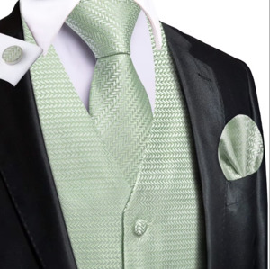 Sage Green Waistcoat vest Tie Handkerchief Cufflink Set - MJ-3512