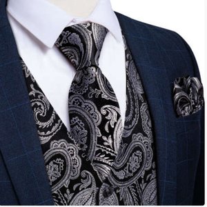 BLACK SILVER PAISLEY JACQUARD SILK WAISTCOAT VEST HANDKERCHIEF CUFFLINKS TIE VES&hellip;