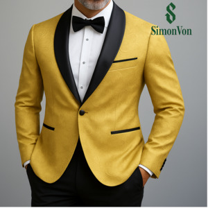 Men's Luxury Golden Embellished Tuxedo Blazer with Black Shawl Lapel & Bow Tie -XX-4016