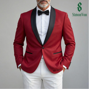 Black Shawl Collar Crimson Red Solid Blazer -XXDJ-0021