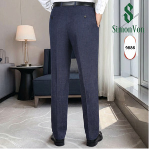 New: Men's Fashion Business-Men Style Dress Pants Stretch Woven Fabric Trousers - Blue Plaid 9886