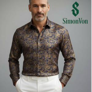 Mens Shirts: Gold Blue Paisley Silk Button Down Men's Dress Shirt- CYDJ-2619