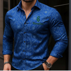 Mens Shirts: Royal Blue  Grey Floral Mens Shirt -CYDJ-9061