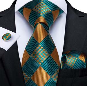 Gold and Teal Men's Silk Tie handkerchief Cufflinks set