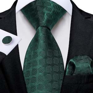 Dark Green Plaid Men's Tie Handkerchief Cufflinks Set- N-8345