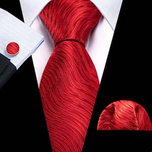Mens Silk Tie Handkerchief Cufflinks Set: Red Floral Silk Tie Pocket Square Cufflinks Set-N-6528