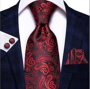 Mens Silk Tie Handkerchief Cufflinks Set: Red Black Paisley Tie Handkerchief Cufflinks Set- N-0314
