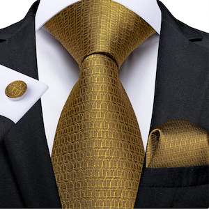 New Solid Golden Tie Pocket Square Cufflinks Set - N-7341