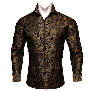 Mens Shirts: Simon.Von  Long Sleeve Shirt Black Golden Paisley Silk Shirt -CY-0445