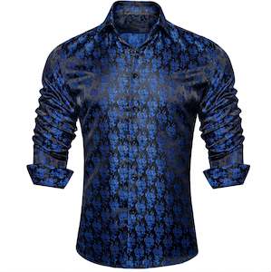 Mens Shirts: SIMON.VON BLACK BLUE FLORAL SILK MEN'S SHIRT- CY-2016