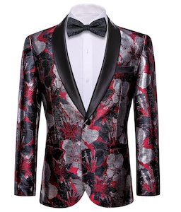 Best Selling Collection: Men's Dress Party Red Grey Floral Suit Jacket Slim One Button Stylish Blazer-XX-0034