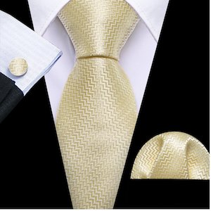 Best Selling Collection: Light Yellow Ripple Silk 63 Inches Extra Long Tie Hanky Cufflinks Set- N-9558