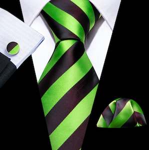 Best Selling Collection: Pea Green Black Striped Silk Tie Handkerchief Cufflinks Set- N-6093