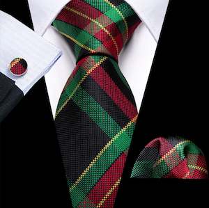 Best Selling Collection: Green Red Striped Silk Tie Pocket Square Cufflinks Set- N-6524