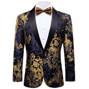 Blazers: Simon Von Men's Dress Party Blue Gold Paisley Suit Jacket Slim One Button Stylish Blazer-XX-0108