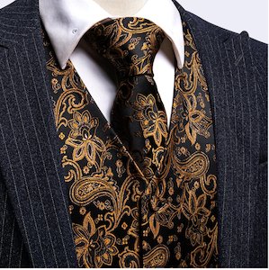 School Ball Youth Events: BLACK BROWN  JACQUARD SILK WAISTCOAT VEST HANDKERCHIEF CUFFLINKS TIE VEST  SET- MJ-2078