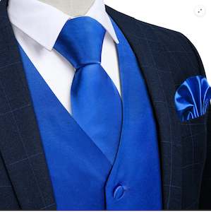 BLUE SOLID SATIN WAISTCOAT VEST TIE HANDKERCHIEF CUFFLINKS- MD-0315+N-786