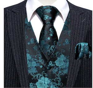 School Ball Youth Events: Black Blue Floral Silk Vest Necktie Pocket Square Cufflinks Set -MJ-2540