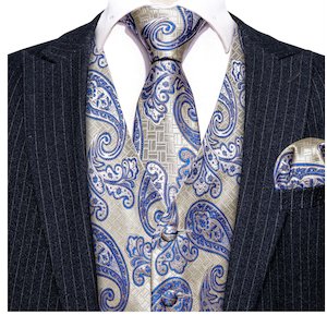 School Ball Youth Events: Classy Silver Blue Paisley Silk Vest Necktie Pocket Square Cufflinks Set- MJ-2589