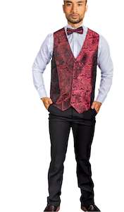 School Ball Youth Events: CLARET PAISLEY JACQUARD WAISTCOAT VEST BOWTIE HANDKERCHIEF CUFFLINKS SET- MJ-0179