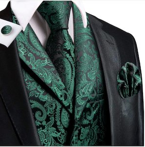 School Ball Youth Events: Emerald Green Paisley Silk Men's Collar Vest Hanky Cufflinks Tie Set Waistcoat Suit Set-MJ-3102