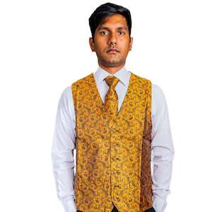 Brown Paisley Silk Men's Vest Hanky Cufflinks Tie Set Waistcoat Suit Set- MJ-0039