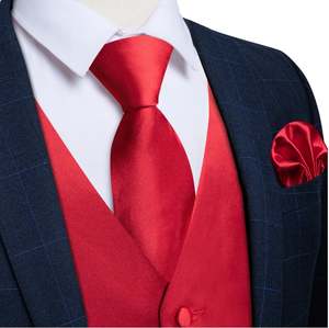 RED SOLID SATIN WAISTCOAT VEST TIE HANDKERCHIEF CUFFLINKS SET-BW-MD-0037