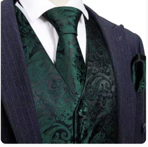 Mens Vests Waistcoats: Green Floral Jacquard Silk Waistcoat Vest Necktie Handkerchief Cufflinks Set-MJ-2098